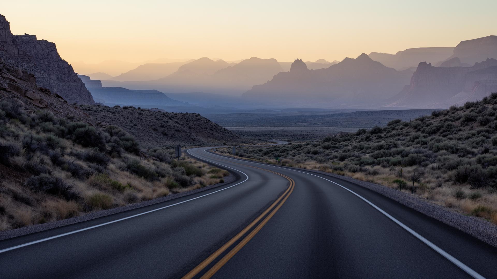 Quiet two-lane highway through a Western canyon at dawn